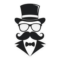 hombre sombrero lentes bigotes Corbata arco negro logo Caballero logo sombrero y arco logo vector