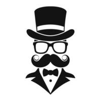 hombre sombrero lentes bigotes Corbata arco negro logo Caballero logo sombrero y arco logo vector