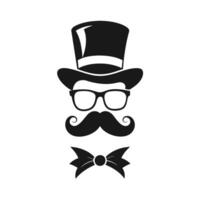 hombre sombrero lentes bigotes Corbata arco negro logo Caballero logo sombrero y arco logo vector