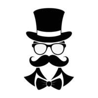 hombre sombrero lentes bigotes Corbata arco negro logo Caballero logo sombrero y arco logo vector