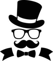 hombre sombrero lentes bigotes Corbata arco negro logo Caballero logo sombrero y arco logo vector