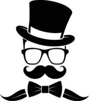 hombre sombrero lentes bigotes Corbata arco negro logo Caballero logo sombrero y arco logo vector