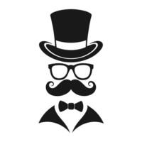 hombre sombrero lentes bigotes Corbata arco negro logo Caballero logo sombrero y arco logo vector