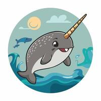 Cute and adorable cartoon narwhal white background vector