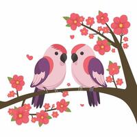 Cute lovebirds couple standing on a tree branch white background vector
