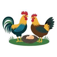 Chickens set illustration in Color. Brown and white Hen and Rooster. Male and female chickens vector