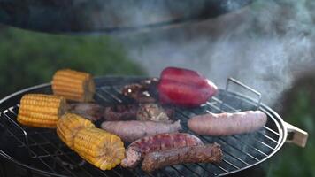 Fried sausages with corn and red pepper on a round black grill, covered with a lid, with smoke with a landscape in the country video