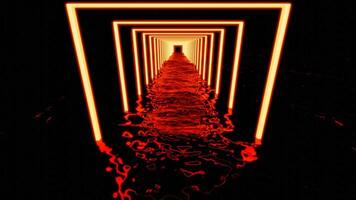 plein vormig tunnel met kabbelend water. ontwerp. abstract gloeiend rood futuristische gang met lamp kaders en reflectie van neon licht in water, beweging van vloeistof golven. video