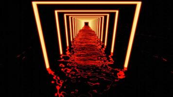 Square shaped tunnel with rippling water. Design. Abstract glowing red futuristic corridor with lamp frames and reflection of neon light in water, movement of liquid waves. video