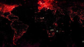 rojo mapa de planeta con números. movimiento. peligroso numérico valores en rojo mapa de continentes cambiando valores de números encima mundo mapa. económico crisis o infección video