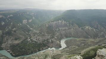 Aerial flying up shot of mountain river flowing between the mountains covered with forest. Action. Wild natural background of hills and flowing river. video