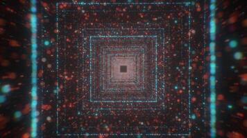 Infinite light in the end of the square shaped tunnel of glowing dots and particles. Motion. Cyber technology background, seamless loop. video