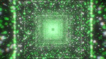 Green abstraction. Motion. The bright squares in the animation seem to create a passage and move inward around the bright stars. video