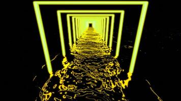 Neon 3d tunnel with water. Design. Square neon tunnel with water in dark. Frightening tunnel with glowing corridor and dark water video