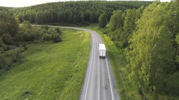 skön sommar landskap från en fågelöga se. scen.a lång väg med körning bilar och en enorm skön grön skog med lång träd och Bakom som en by med små hus och en blå klar video