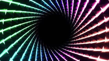 Psychedelic spiral is spinning fast. Design. Rainbow stripes rotate rapidly with hypnotic effect. Colorful lines spiral around black hole video