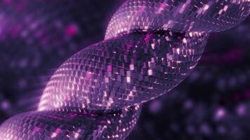 Cycled animation of 3d braid with lilac scales texture on shimmering background. Motion. Abstract animated moving twisted shape. video