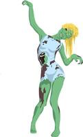 Zombie blonde girl in realistic style with a hole in her stomach and protruding ribs. illustration zombie woman in a short dress with blood stains spread out and goes arms in clumsy. One eye is vector