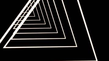 Animation of 3D tunnel of white triangle silhouettes following one by one. Design. Neon glowing geometric shapes in looping motion. video