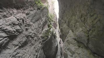 geologisch Formation mit ein sehr eng Passage. Aktion. Unterseite Aussicht von das Stein Schlucht mit Grün. video