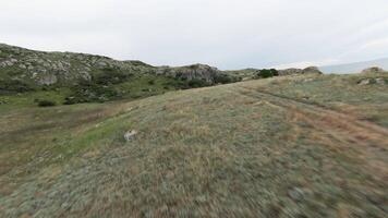 Flying drone over mountain slopes. Action. Beautiful flight over green slopes with rocks. Top view of slopes of hills and mountains in summer video