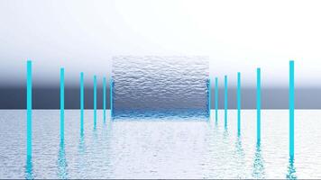 Abstract beautiful lake with ripples and two rows of blue pillars leading to a wall of water. Design. Concept of calm and peace, waving river and unusual vertical transparent liquid wall. video