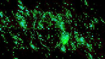 Abstract green and black pixelated background with the silhouette of a rotating sphere. Motion. Shimmering pattern of colorful particles, seamless loop. video