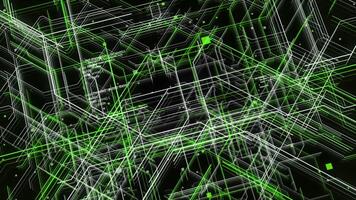 Artificial intelligence creating connections of white and green colors, seamless loop. Animation. Abstract code lines among moving green and white stripes. video