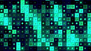 Audio equalizer on dark background, beating rings. seamless loop. Motion. Music or sound equalizer in blinking circles inside rows of squares. video