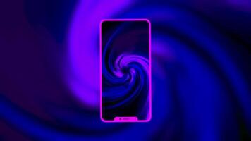 Abstract silhouette of a new new smartphone with blurred animation behind it on black background. Motion. Rotating colorful spiral on a phone screen. video