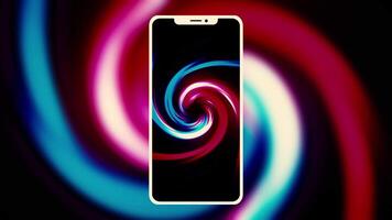 Trendy cellphone with bright colorful screen. Motion. Spinning vortex of twisting blue and pink stripes, seamless loop. video