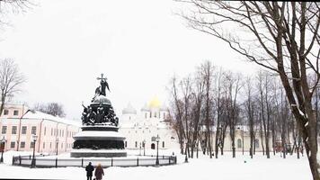 St. Sophia Cathedral and the architectural ensemble, Veliky Novgorod, Russia in sunny cold winter day. Concept. Historical place with a large temple and a monument. video