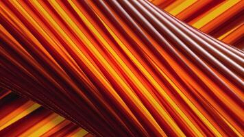 Orange and red spinning 3D tube covered by twisting glowing lines, seamless loop. Motion. Diagonal colorful stripes flowing slowly behind rotating big tube. video