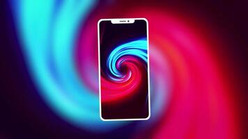 Concept of technologies and communication. Motion. Silhouette of a new smartphone with bright colored display on space background. video