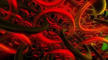 Rows of red spherical chained rings, seamless loop. Design. Top view of many bonded rings glowing and rotating. video