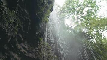 View of a small waterfall from the mountain. Creativity. Small drops of water dripping down against the background of a little visible large trees and skylights from the sun video