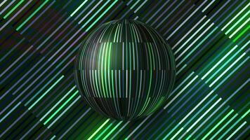 Close up of a colorful reflective disco mirror ball slowly rotating on a colored striped background. Motion. Mirror ball spinning on a black back backdrop, seamless loop. video