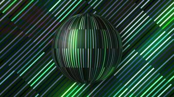 Close up of a colorful reflective disco mirror ball slowly rotating on a colored striped background. Motion. Mirror ball spinning on a black back backdrop, seamless loop. video