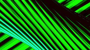 Green and black spinning 3D tube covered by twisting glowing lines, seamless loop. Motion. Diagonal colorful stripes flowing slowly behind rotating big tube. video