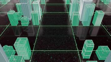 senza soluzione di continuità looping 3d città wireframe di verde colore su un' nero sfondo con bianca stelle. animazione. neon edifici su il astratto squadrato superficie. video