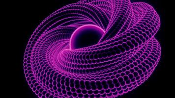 Animation of spheres assembled in a spiral shape twisting on a black background. Design. Colorful figure with a core in the middle surrounded by bending 3D spiral, seamless loop. video