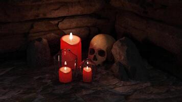 abstrakt Halloween Hintergrund Komposition mit ein Schädel und Kerzen. Design. Karikatur gruselig Mensch Schädel und Verbrennung Kerzen, Konzept von schwarz Magie und Mystik. video