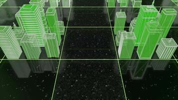 senza soluzione di continuità looping 3d città wireframe di verde colore su un' nero sfondo con bianca stelle. animazione. neon edifici su il astratto squadrato superficie. video