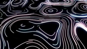 Round pattern of lines in relief style. Motion. Beautiful neon lines move in circular orbits on black background. Cartographic or relief pattern of circles and lines video