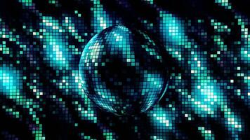 3D glowing disco ball against black background. Motion. Blue and black dancing diagonal stripes, abstract interior of a night club. video