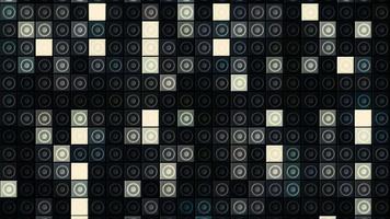 abstrakt schwarz und Weiß kariert Hintergrund. Bewegung. geometrisch Muster mit blinkend einfarbig Quadrate und Kreise. video