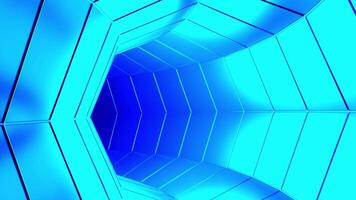 Outer space background with flying inside neon blue tunnel. Design. Corridor of hexagon silhouettes, seamless loop. video