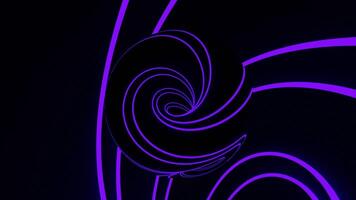 Moving hypnotic ring with neon spiral through tunnel. Design. Dark ball with spiral moves in tunnel with neon lines. Hypnotic and dizzying tunnel with spiral ball video