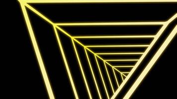 Hypnotic tunnel with neon triangles. Design. Moving triangular tunnel with stripes. Neon cyber tunnel of triangular lines video