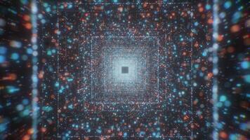 Virtual corridor with square lines and bright particles. Motion. Beautiful immersion in virtual space. Square space corridor with multicolored particles video